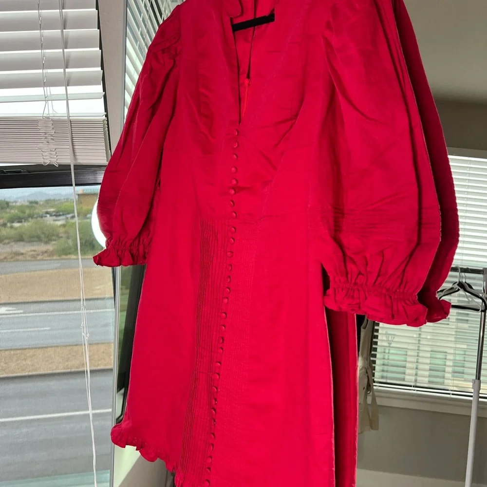 Haute Rogue red linen/cotton mini dress w puffed sleeves - Picture 4 of 10